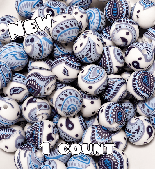 New 1 Count 15mm printed silicone beads PASTEL Blue Paisley