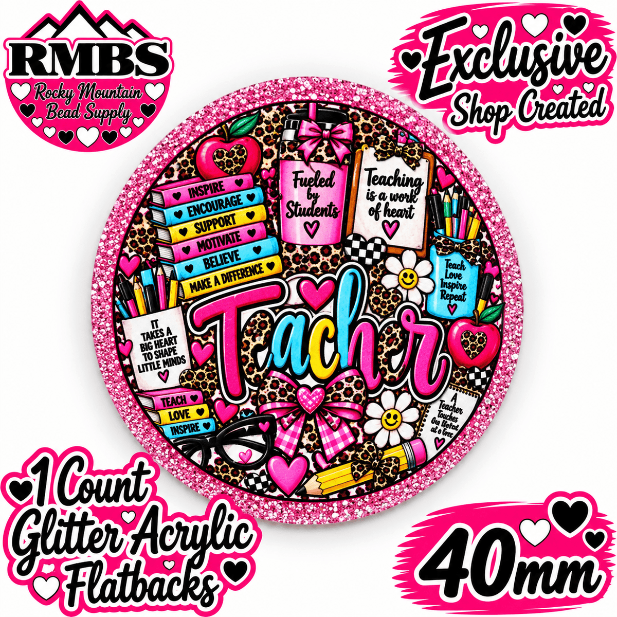 Exclusive 1 Count Custom Exclusive Glitter Acrylic Flatback 40mm TEACHER
