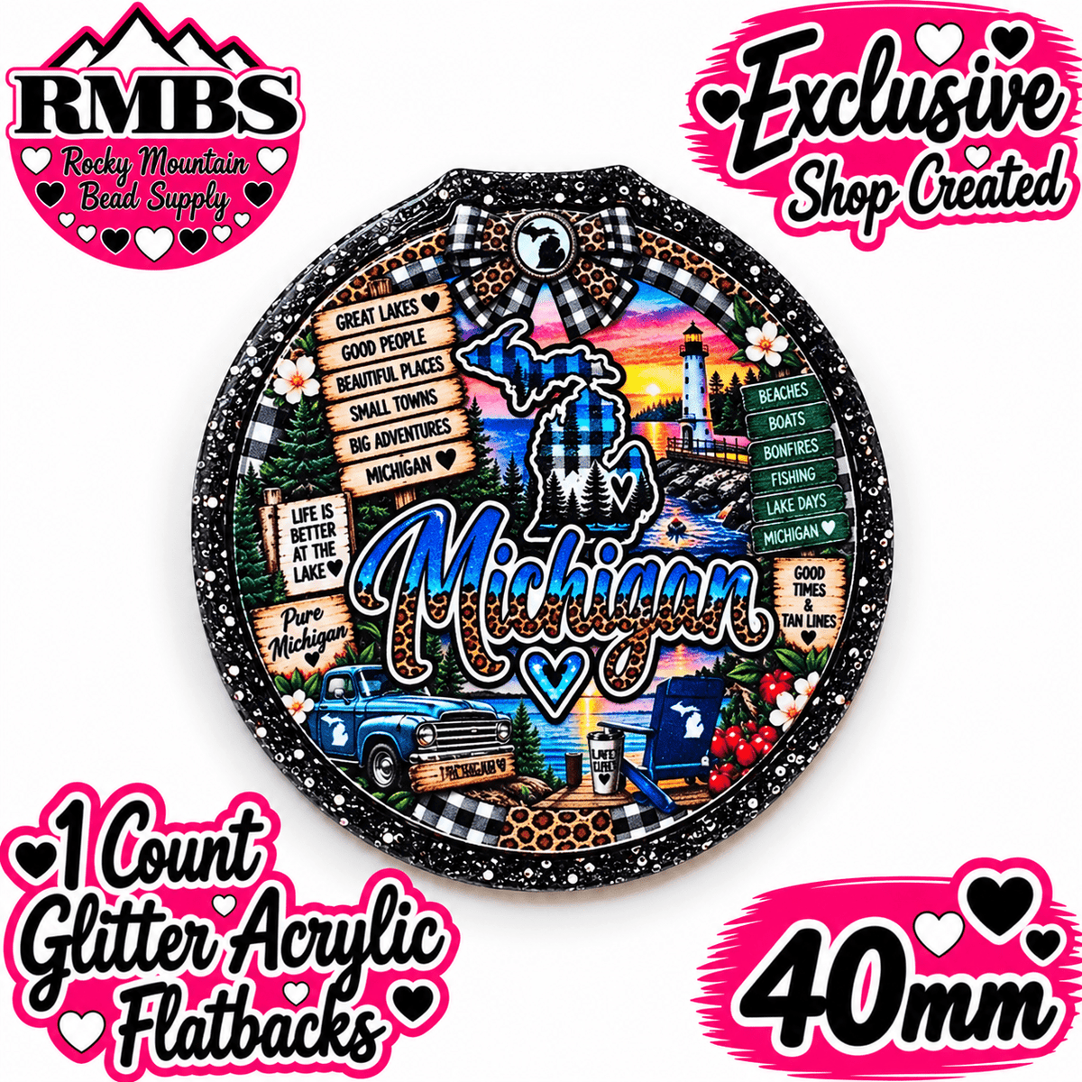 Exclusive 1 Count Custom Exclusive Glitter Acrylic Flatback 40mm STATE MICHIGAN