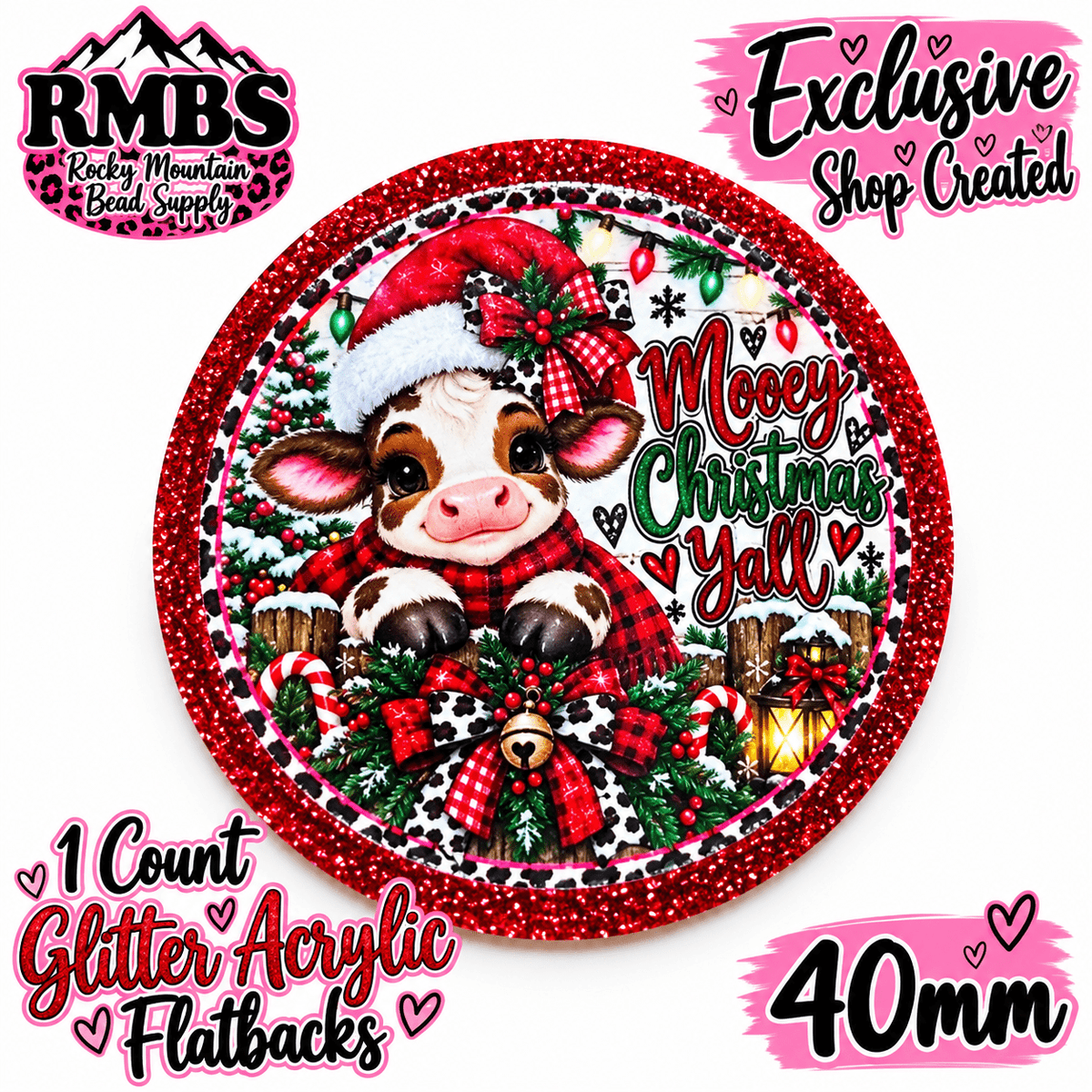 Exclusive 1 Count Custom Exclusive Glitter Acrylic Flatback 40mm MOOEY CHRISTMAS YALL 2