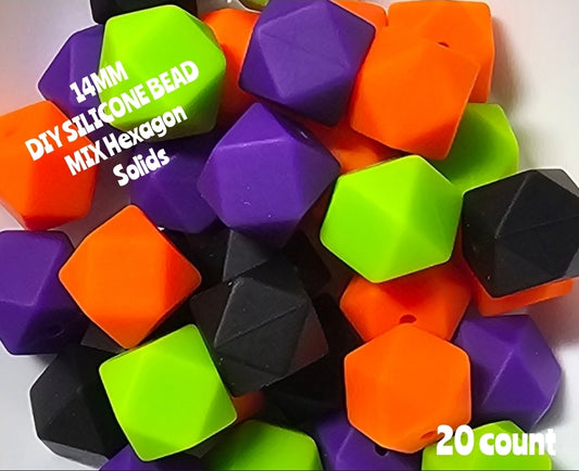 20 Count DIY Beads 14MM Solid  Hexagon Beads Mix Orange Green Black Purple