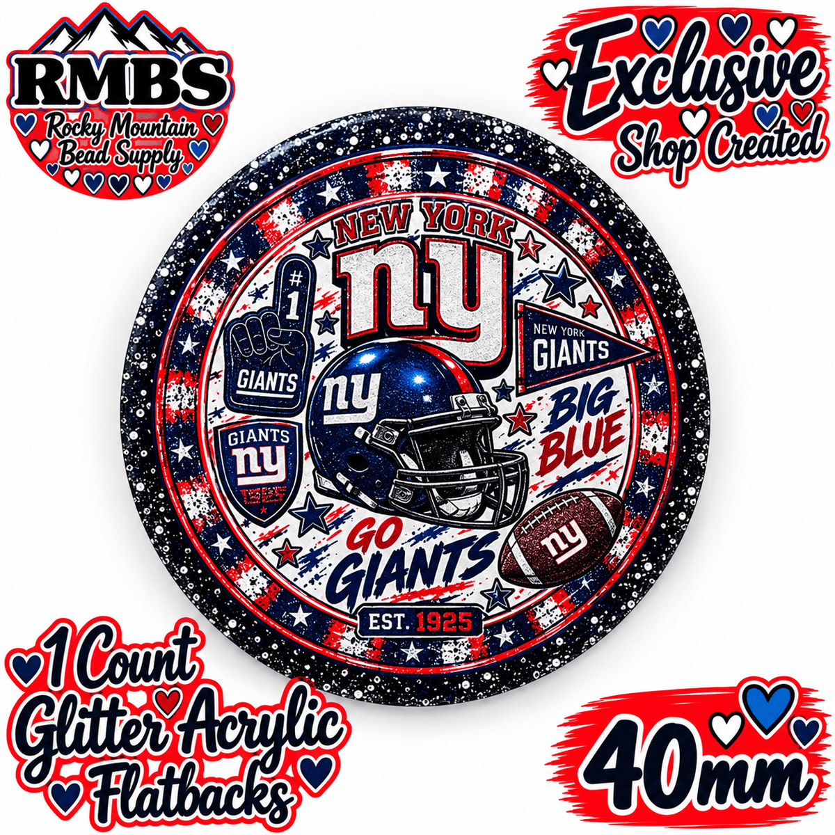Exclusive 1 Count Custom Exclusive Glitter Acrylic Flatback 40mm NY GIANTS