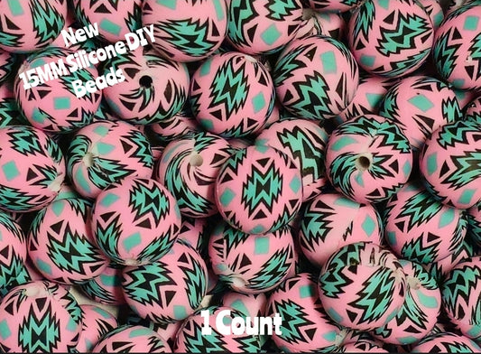 New 1 Count DIY Silicone Beads 15mm printed country pink aztec beadable accessories
