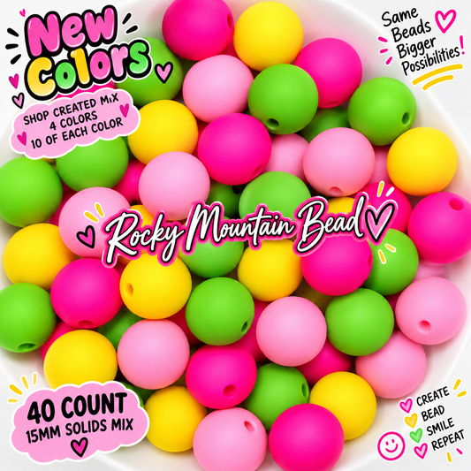 New  15 mm summer bright tones silicone solid bead mix- 40 count