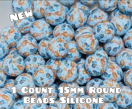 New 1 Count 15mm printed silicone beads BLUEY