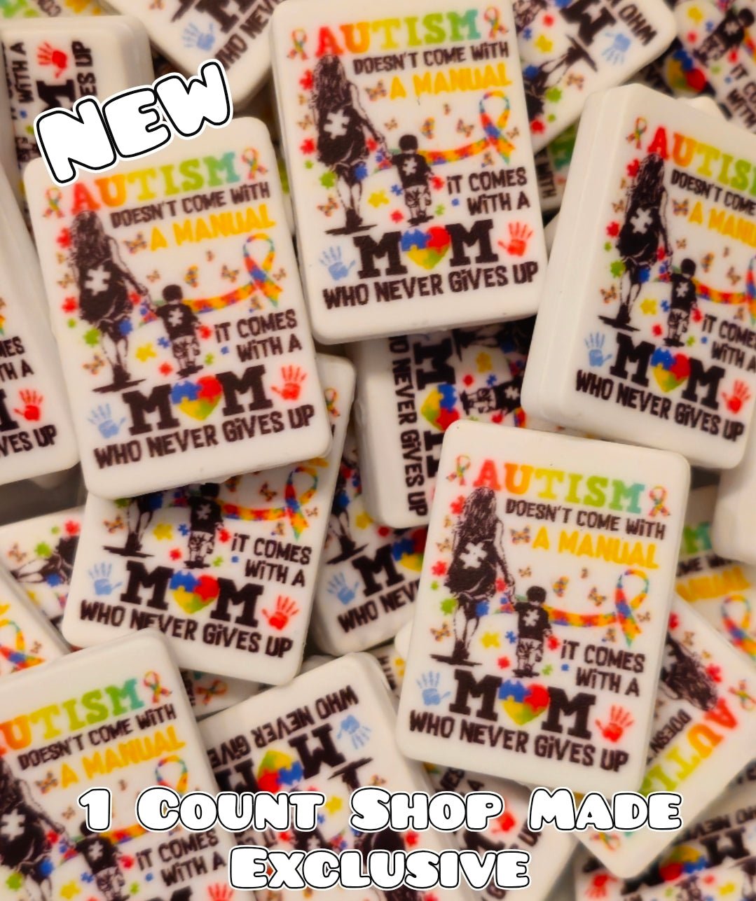 New 1 Count Focal Bead Autism Mom. Pen is example bead only