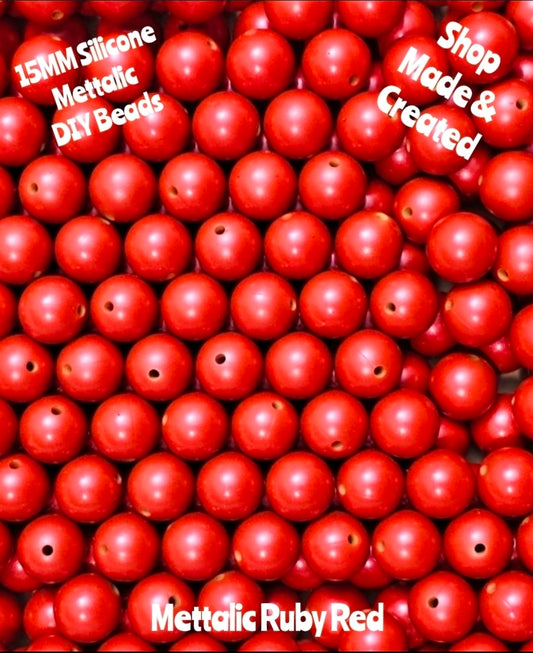 NEW 15mm DIY Silicone Beads Mettalics 1 Count RUBY RED