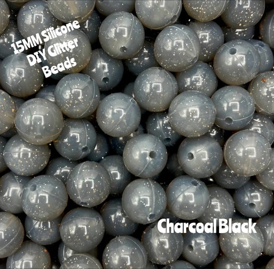 15mm DIY Silicone Beads Glitter 1 Count Charcoal Black