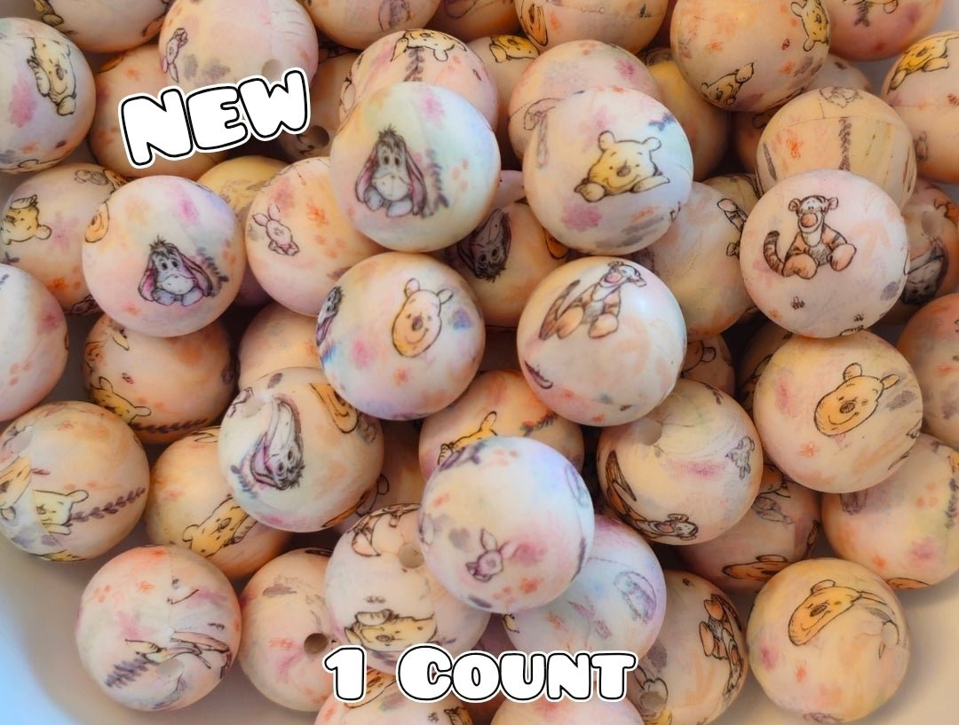 New 1 Count DIY Silicone Beads 15mm printed Vintage Dainty Pooh & Friends