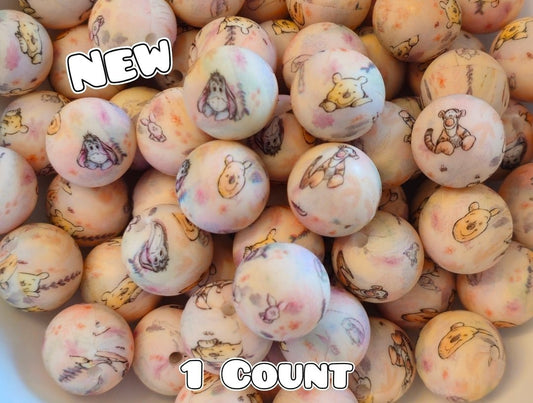 New 1 Count DIY Silicone Beads 15mm printed Vintage Dainty Pooh & Friends