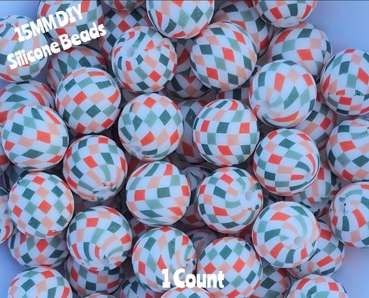 New 1 Count DIY Silicone Beads 15mm printed Boho Checkered beadable accessories