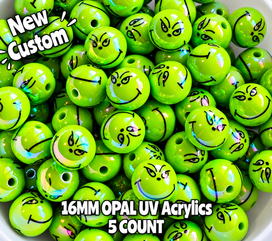 New 5 Count Shimmer Glossy UV Acrylic Grinch Beads 16mm