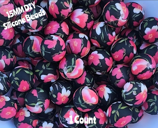 New 1 Count DIY Silicone Beads 15mm printed rose pink black flower beadable accessories