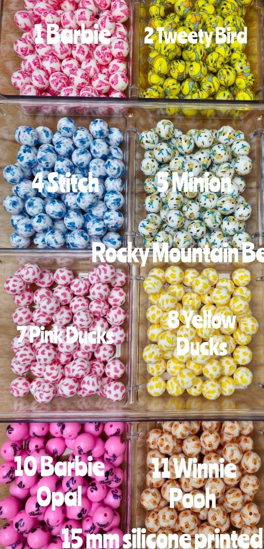 New 15mm cartoon sold in 5 count. Character silicone beads. Multiple themes to choose from