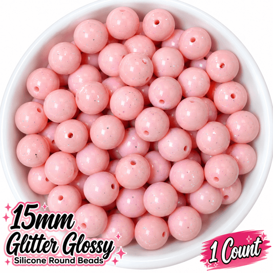 NEW Glitter 15mm DIY Silicone Beads Glossy Shiny Solids 1 Count Pastel Pink
