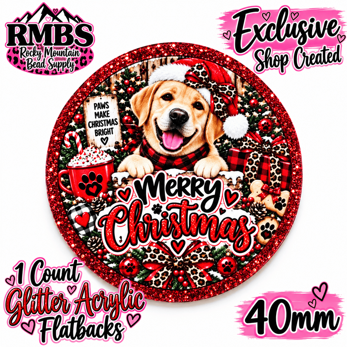 Exclusive 1 Count Custom Exclusive Glitter Acrylic Flatback 40mm MERRY CHRISTMAS DOG LAB