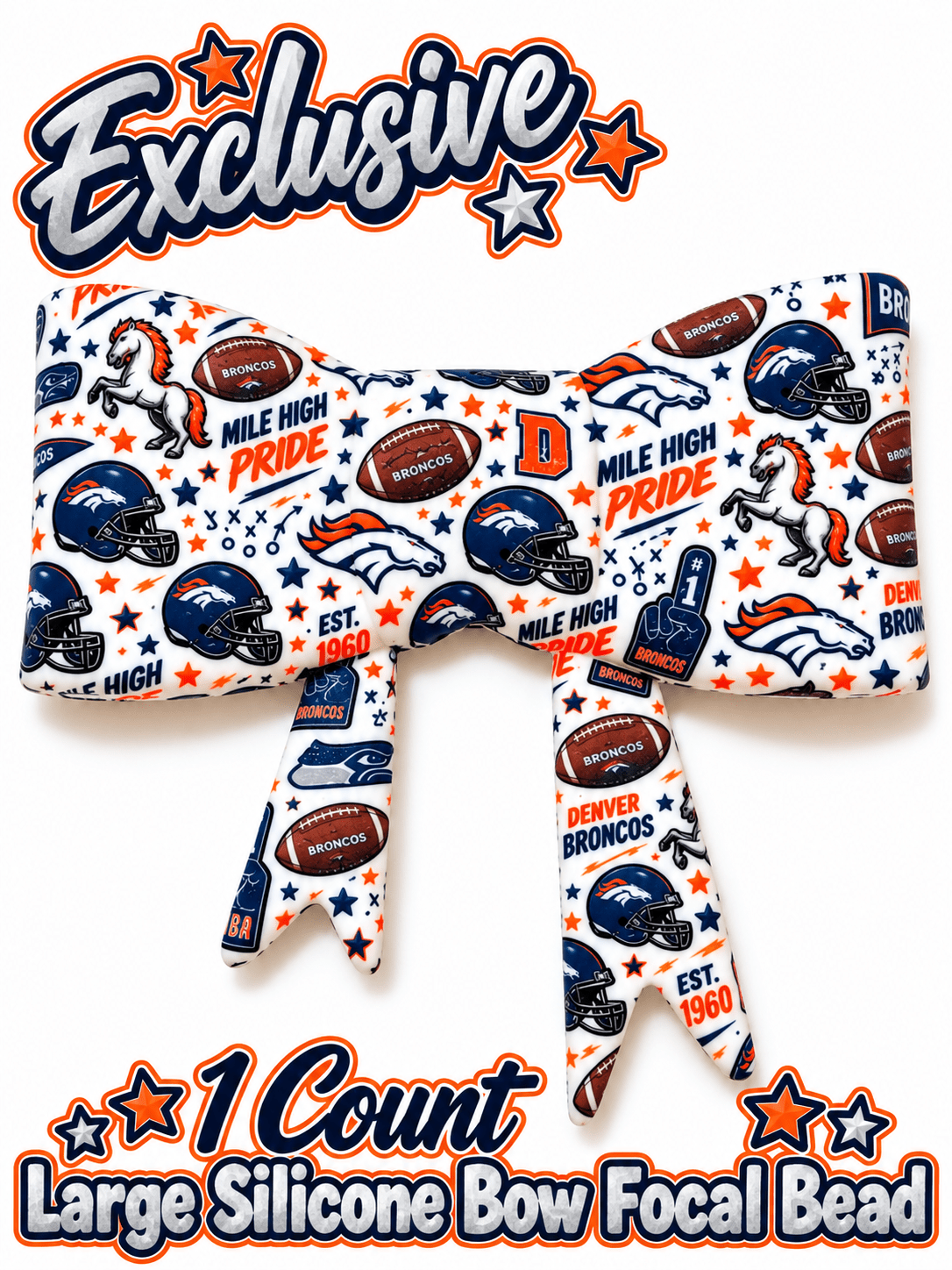 New Shop Exclusive 1 Count Large Silicone Bow FOOTBALL BRONCOS