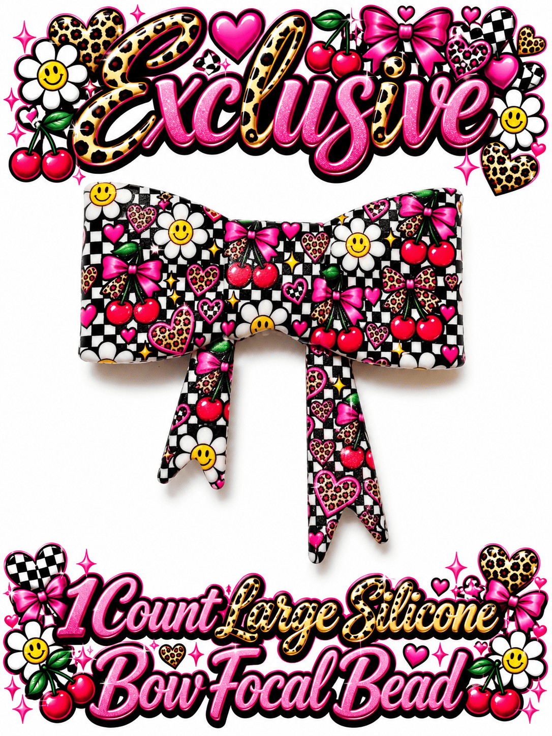 New Shop Exclusive 1 Count Large Silicone Bow CHECKERED CHERRIES DAISY'S
