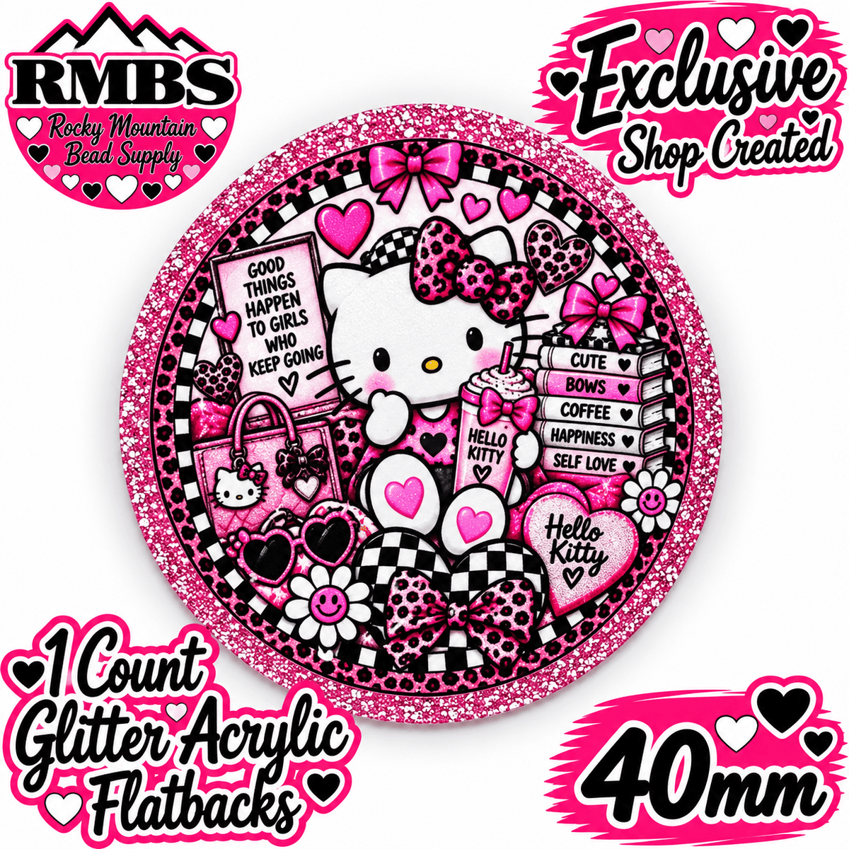 Exclusive 1 Count Custom Exclusive Glitter Acrylic Flatback 40mm HELLO KITTY
