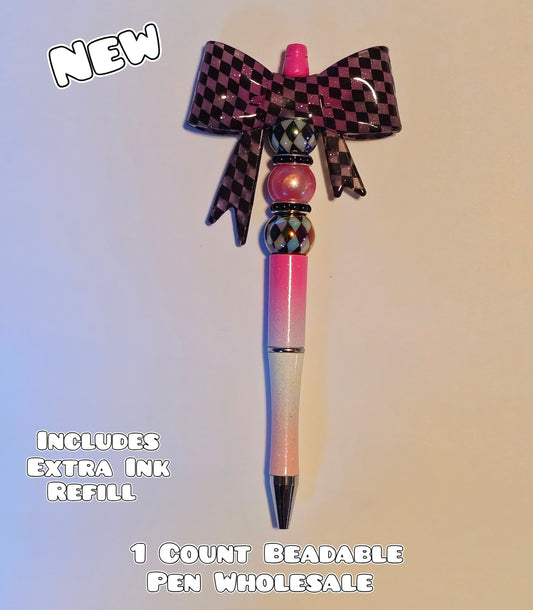 Wholesale Beadable Pens 1 Count Big Bow Glossy Checkered Pink Style Completed Pen