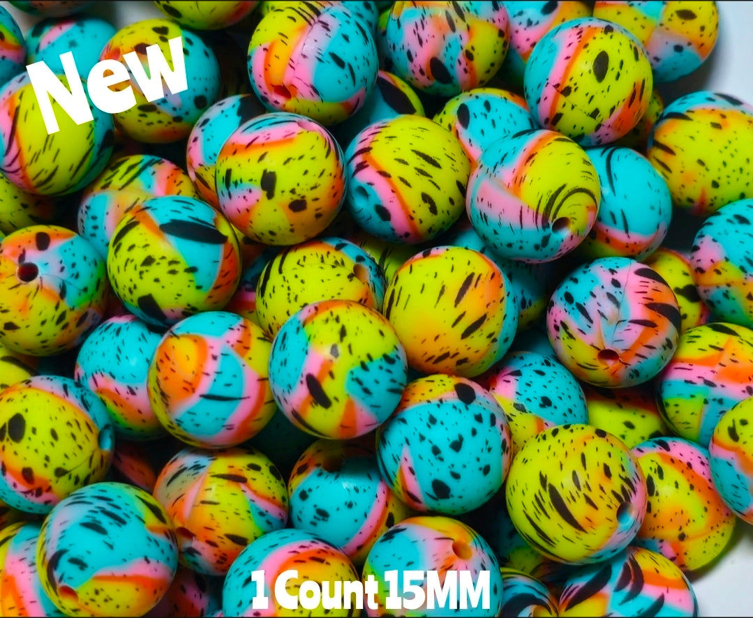 New 1 Count Bright Splatter Prints 15mm printed Silicone Beads