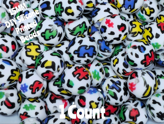 New 1 Count 15mm Printed Beads Autism Bold DIY beads