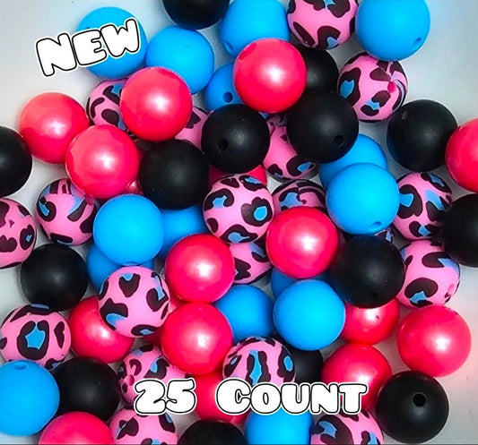 25 Count Silicone Bead Mix Opal Pink Blue Bold Lepord