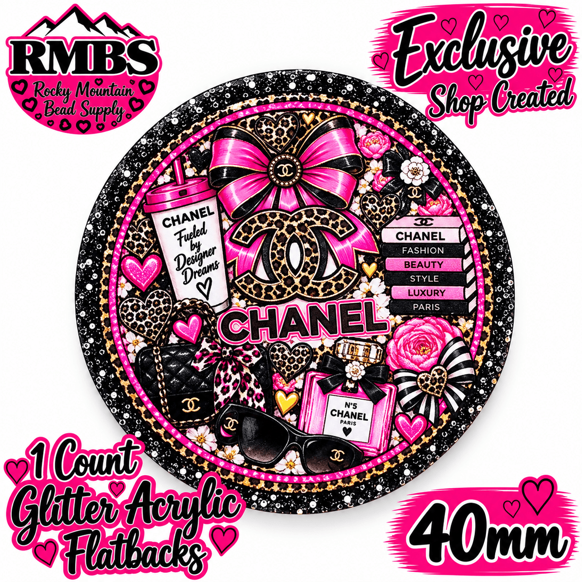 Exclusive 1 Count Custom Exclusive Glitter Acrylic Flatback 40mm CHANEL PINK