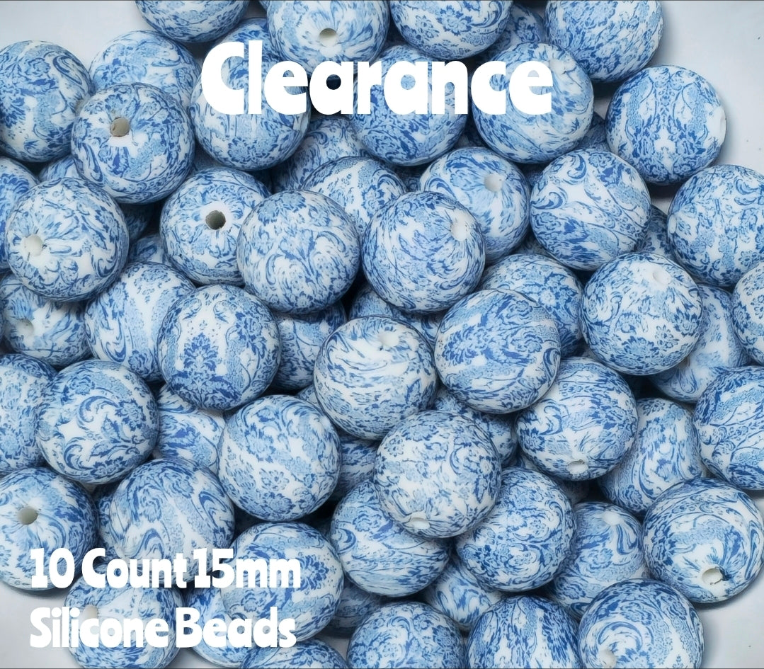 10 Count DIY 15MM Silicone Printed Beads Bead Supplies Dainty Blues Makes them around .17 cents each
