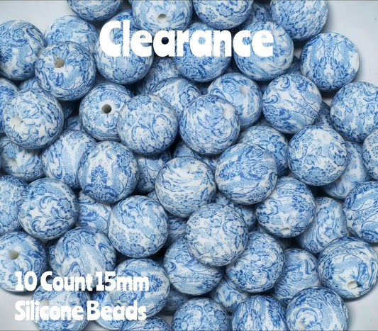 10 Count DIY 15MM Silicone Printed Beads Bead Supplies Dainty Blues Makes them around .17 cents each