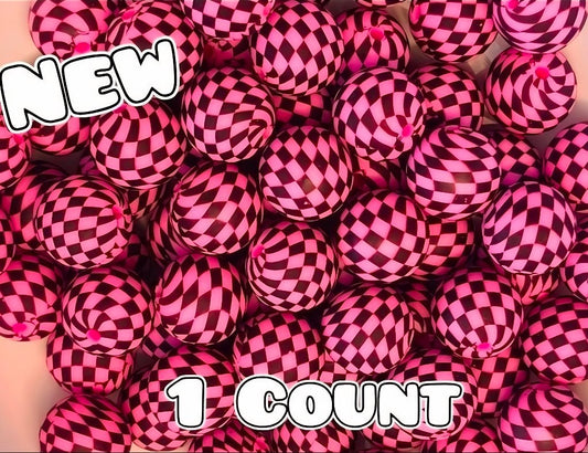 New 1 Count DIY Silicone Beads 15mm printed Pink Checkered