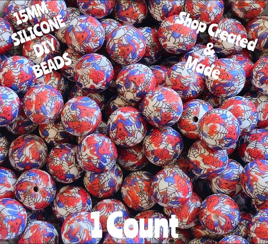 New 1 Count 15mm printed Spiderman  silicone bead