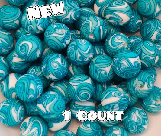 New 1 Count DIY Silicone Beads 15mm printed Ocean Waves
