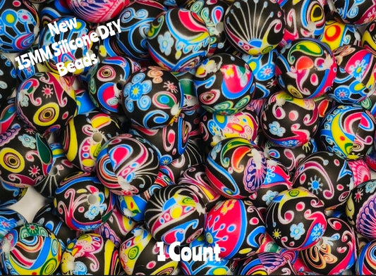 New 1 Count DIY Silicone Beads 15mm printed bright bold flowers paisley beadable accessories