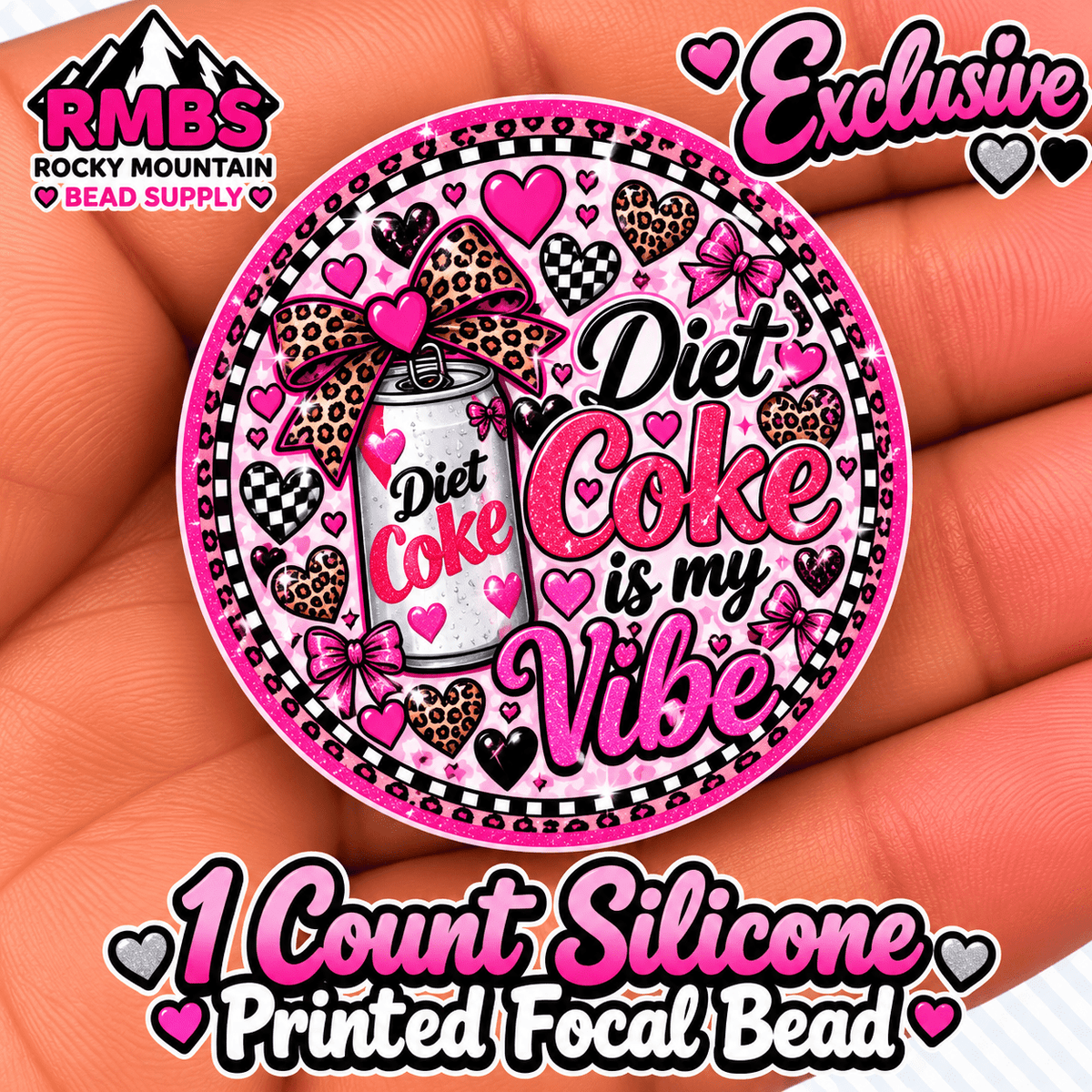 Exclusive 1 count PRINTED Silicone Focal Bead DIET COKE
