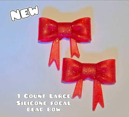 1 Count Large Silicone Printed Bow Focal Beads. Bow beadable accessories. Glitter red