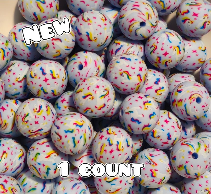 New 1 Count 15mm printed silicone beads Unicorn Rainbows 🌈