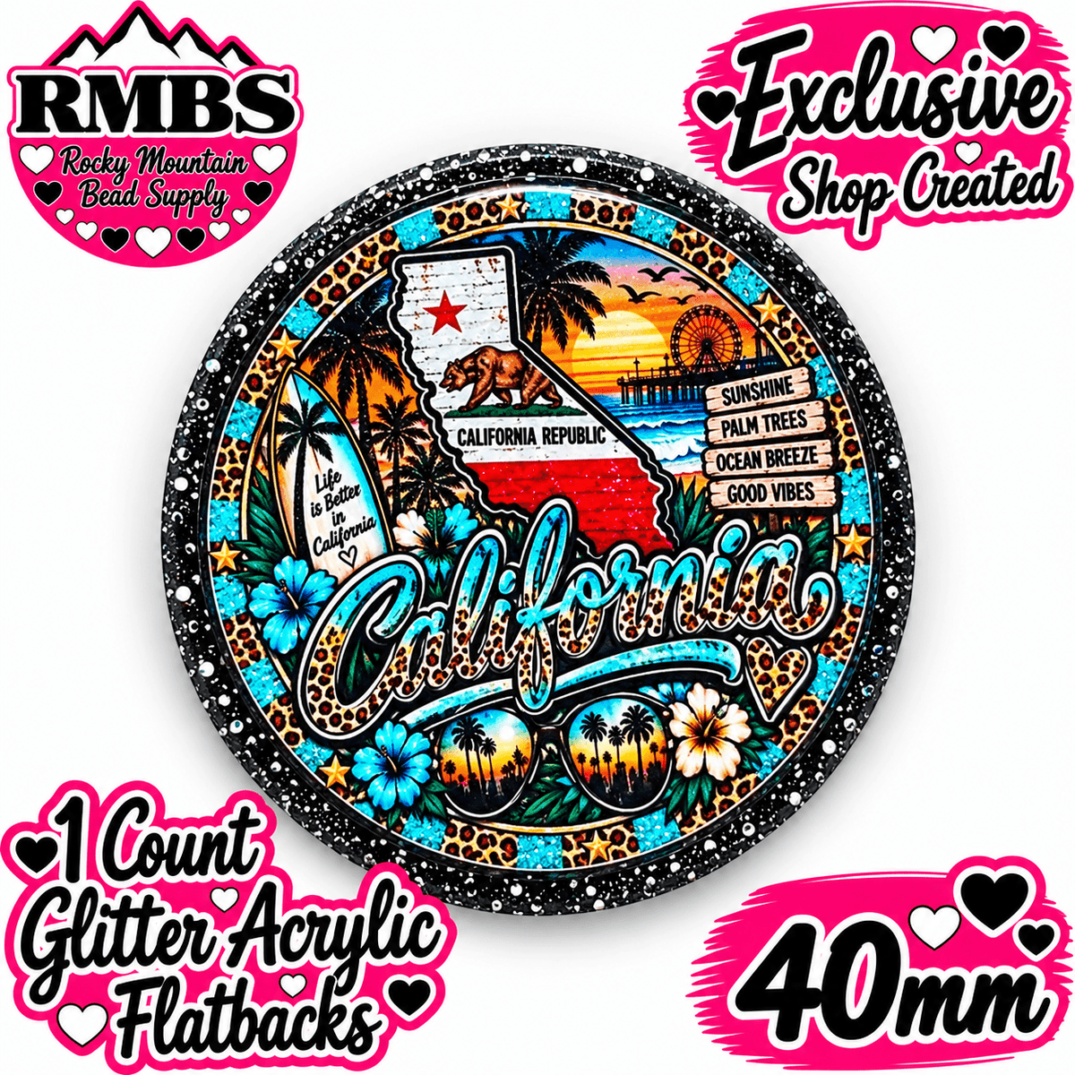 Exclusive 1 Count Custom Exclusive Glitter Acrylic Flatback 40mm STATE CALIFORNIA