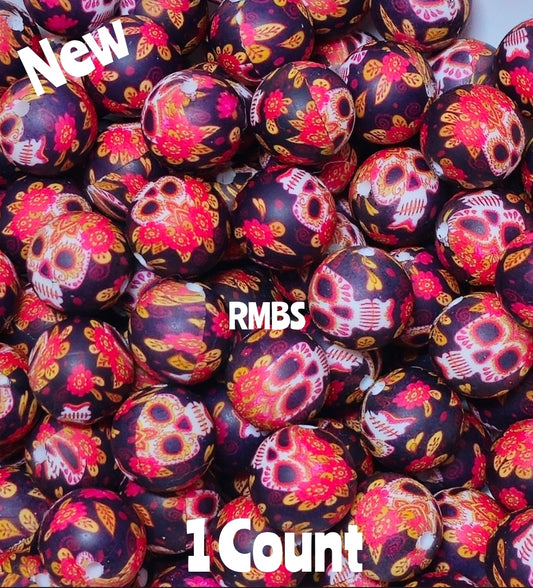 New 1 Count 15mm Printed Beads Halloween Sugar Skulls FLORAL RED Beads Craft Supplies