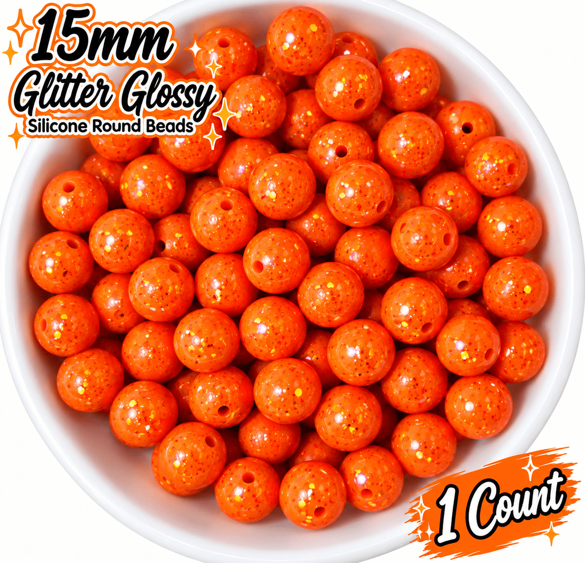 NEW Glitter 15mm DIY Silicone Beads Glossy Shiny Solids 1 Count ORANGE