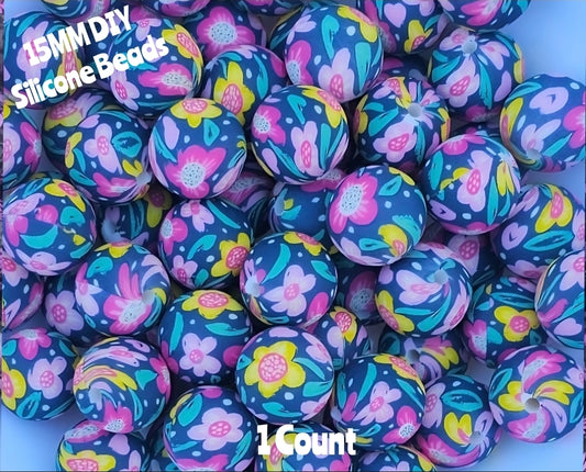 New 1 Count DIY Silicone Beads 15mm printed bright bold flowers beadable accessories