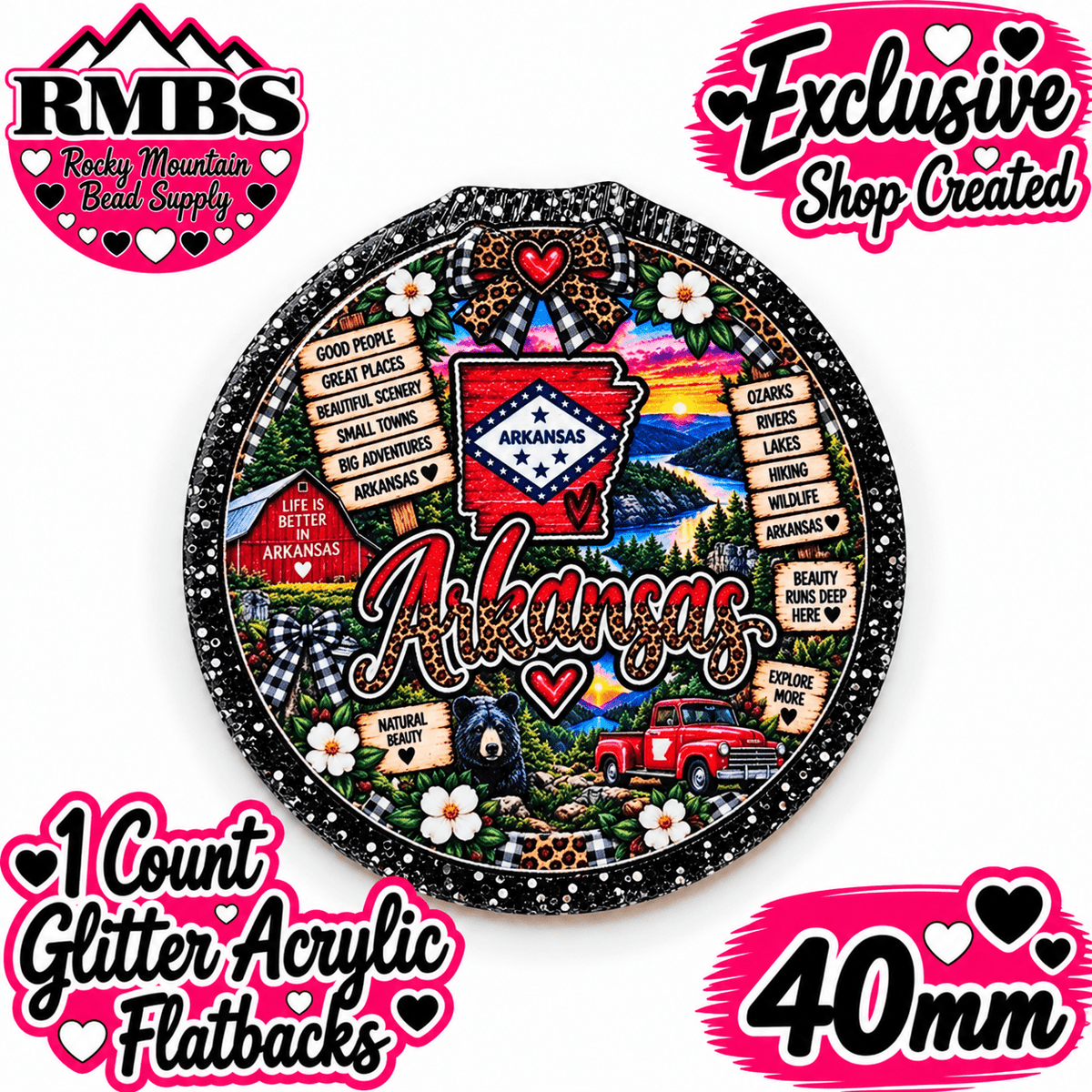 Exclusive 1 Count Custom Exclusive Glitter Acrylic Flatback 40mm STATE ARKANSAS