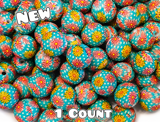 New 1 Count DIY Silicone Beads 15mm printed Mint Polka Dot  Flowers