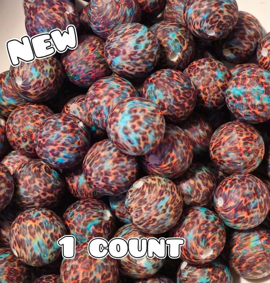 New 1 Count 15mm printed silicone beads Teal Cheetah