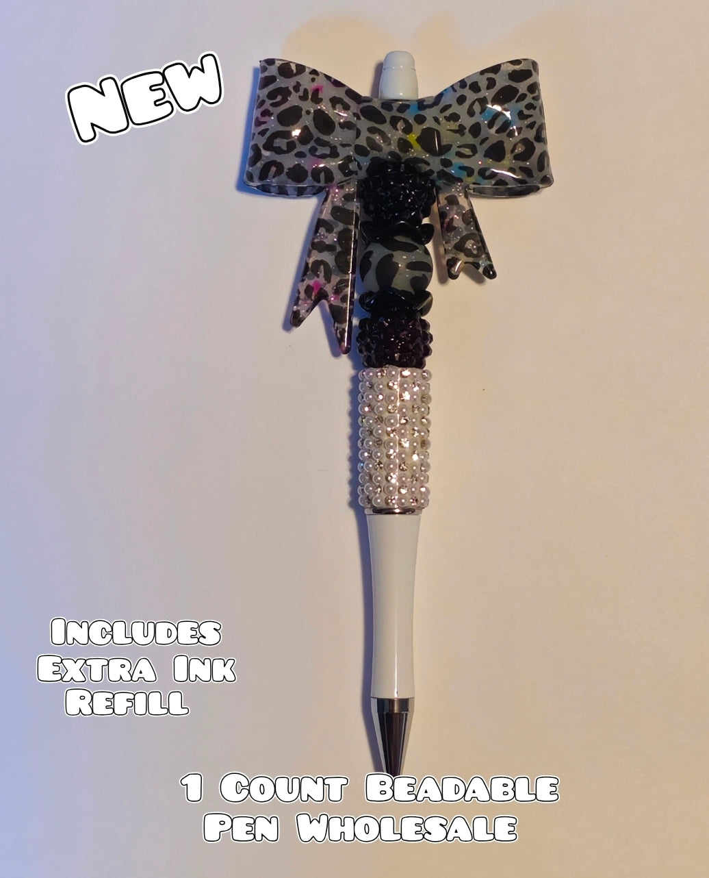 Wholesale Beadable Pens 1 Count Big Bow Glossy Clear Lepord Confetti Style Completed Pen