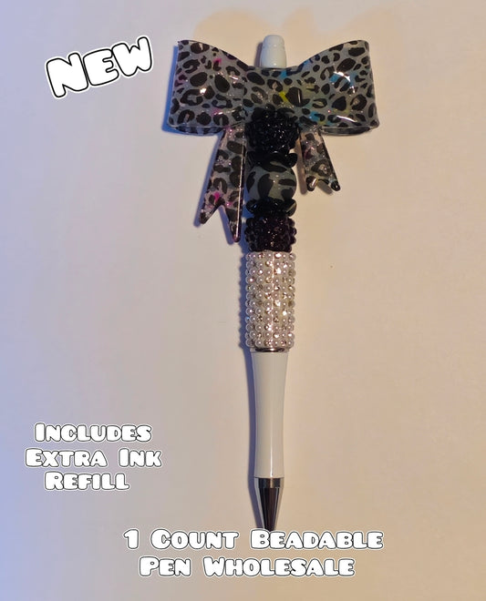 Wholesale Beadable Pens 1 Count Big Bow Glossy Clear Lepord Confetti Style Completed Pen