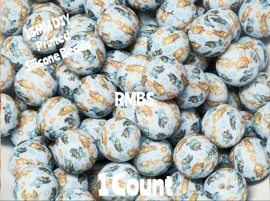 New 1 Count 15mm Printed Beads Character Bluey Bingo Beads Craft Supplies
