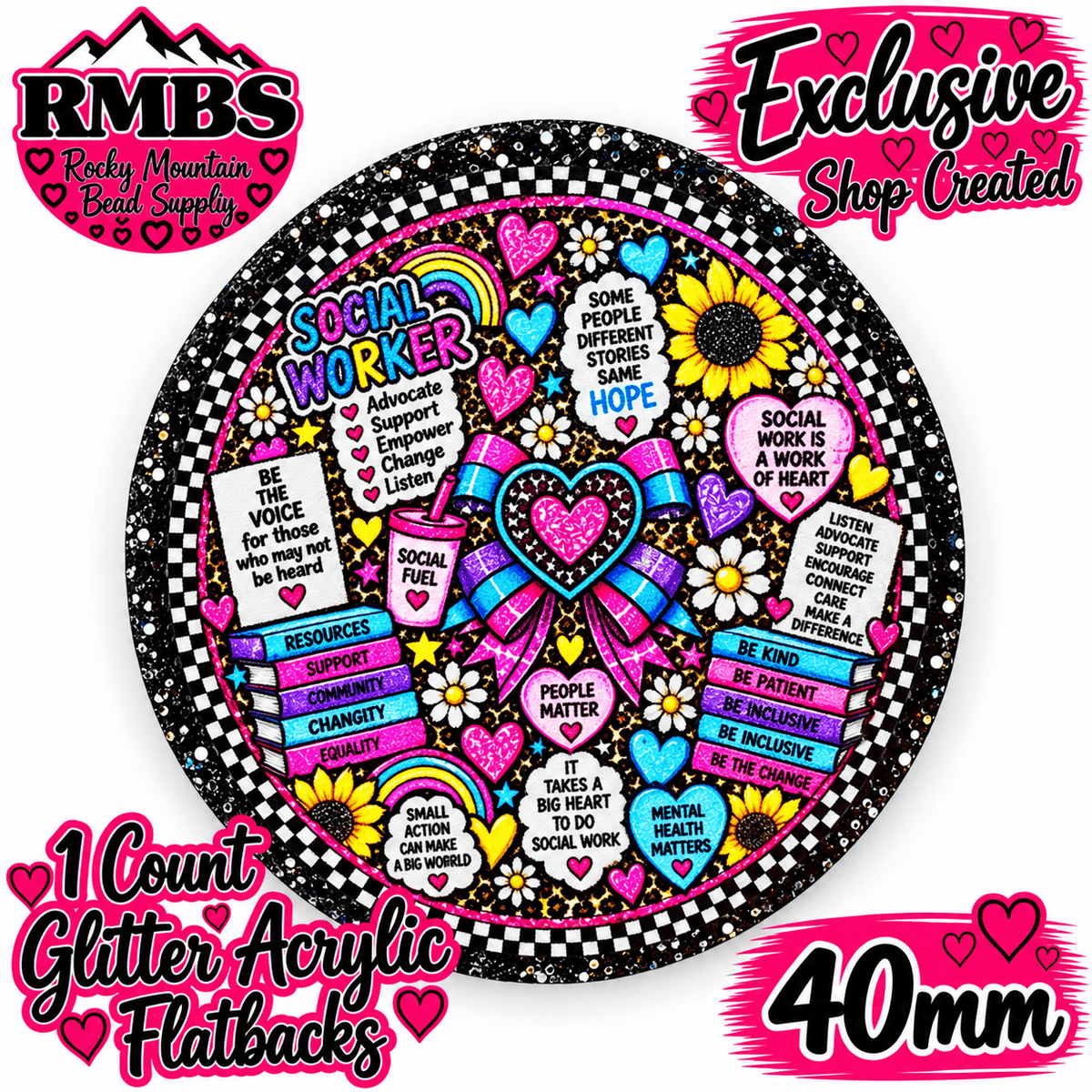Exclusive 1 Count Custom Exclusive Glitter Acrylic Flatback 40mm SCOCIAL WORKER