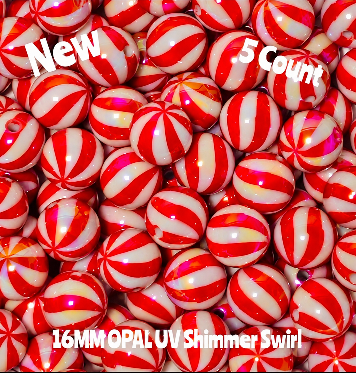 New 5 Count 16MM DIY Acrylic Beads Red Swirl Shimmer UV Craft Supplies