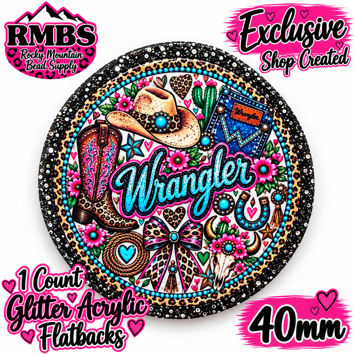 Exclusive 1 Count Custom Exclusive Glitter Acrylic Flatback 40mm WRANGLER 1